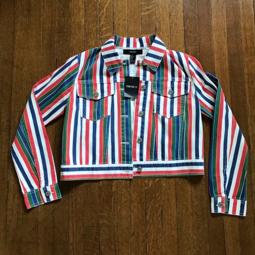NWT FOREVER 21 Multicolor Stripe Denim Jacket